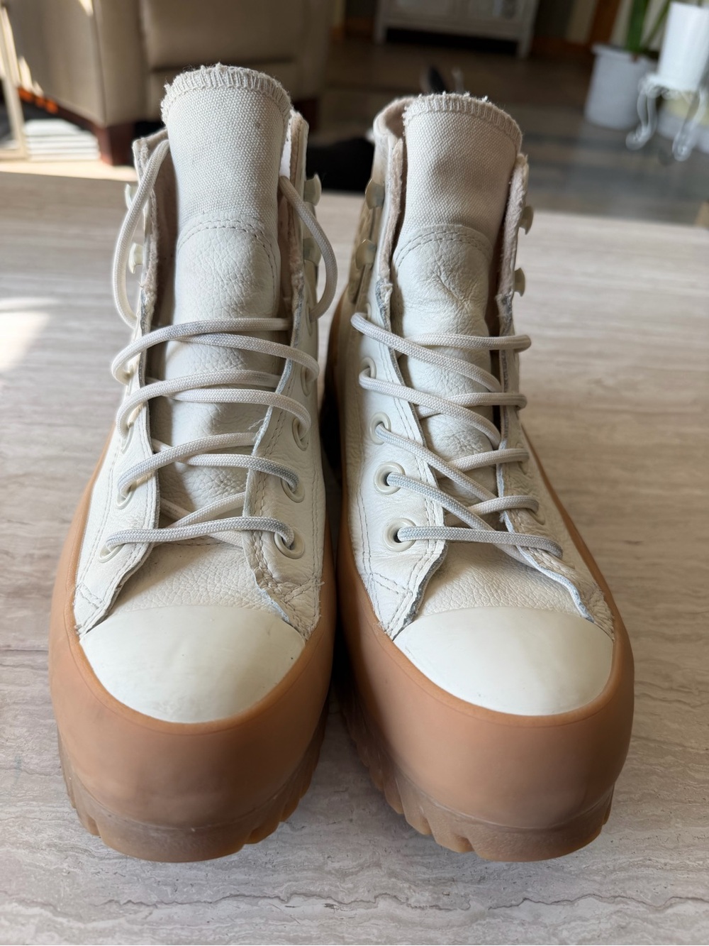 Converse Women’s Lace-Up High-Top Boots in Beige with Gum Platform